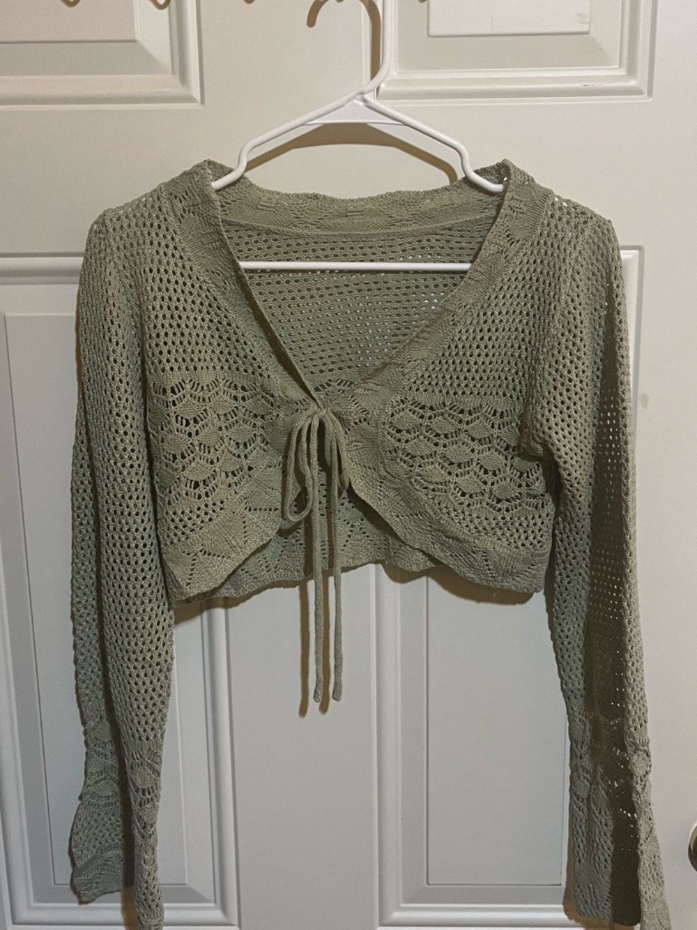 Knit Tie-Front Olive Green Crochet Cropped Top with Bell Sleeves